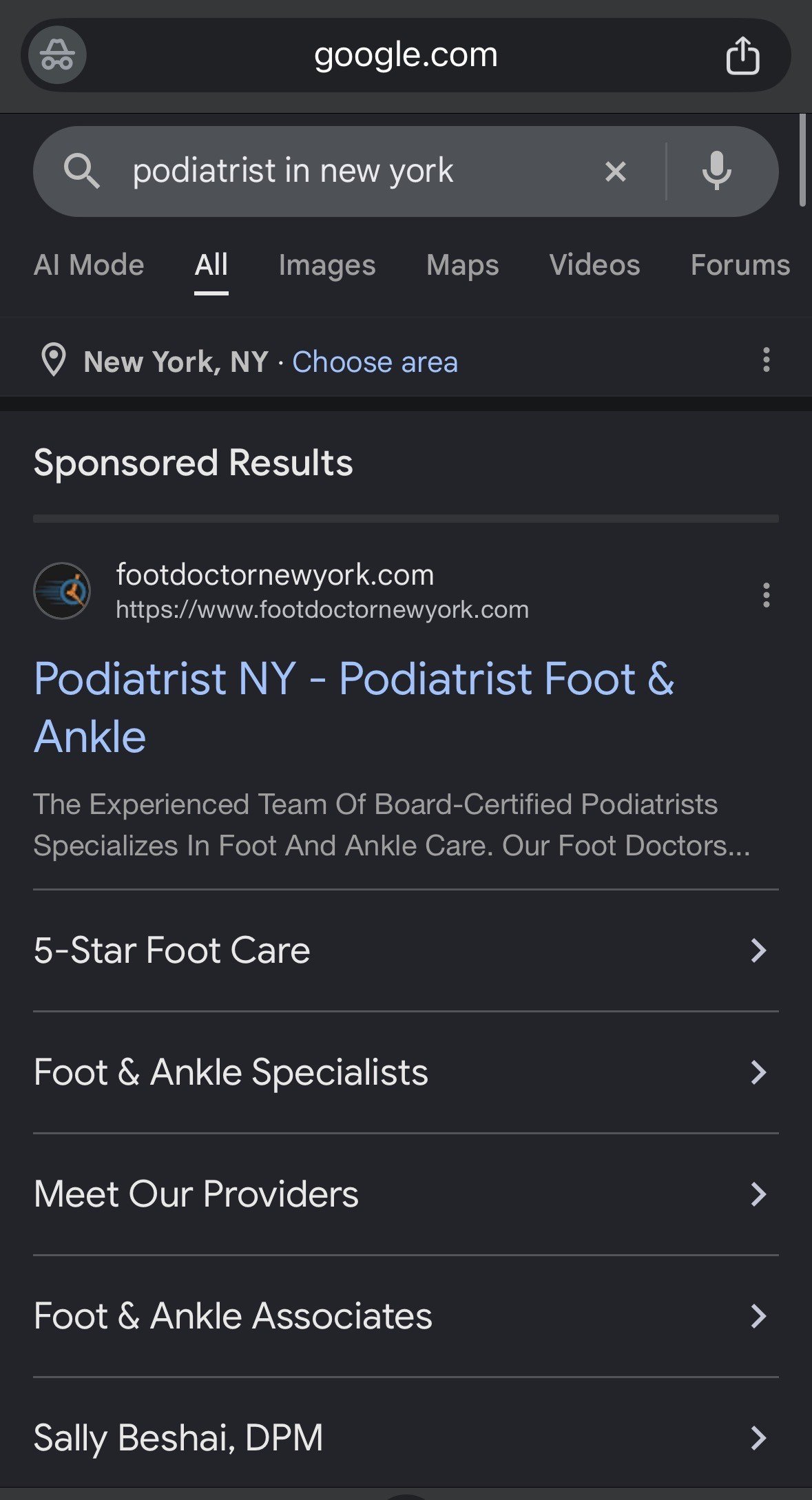 Google sponsored result showing a client in the top position for podiatrist in New York